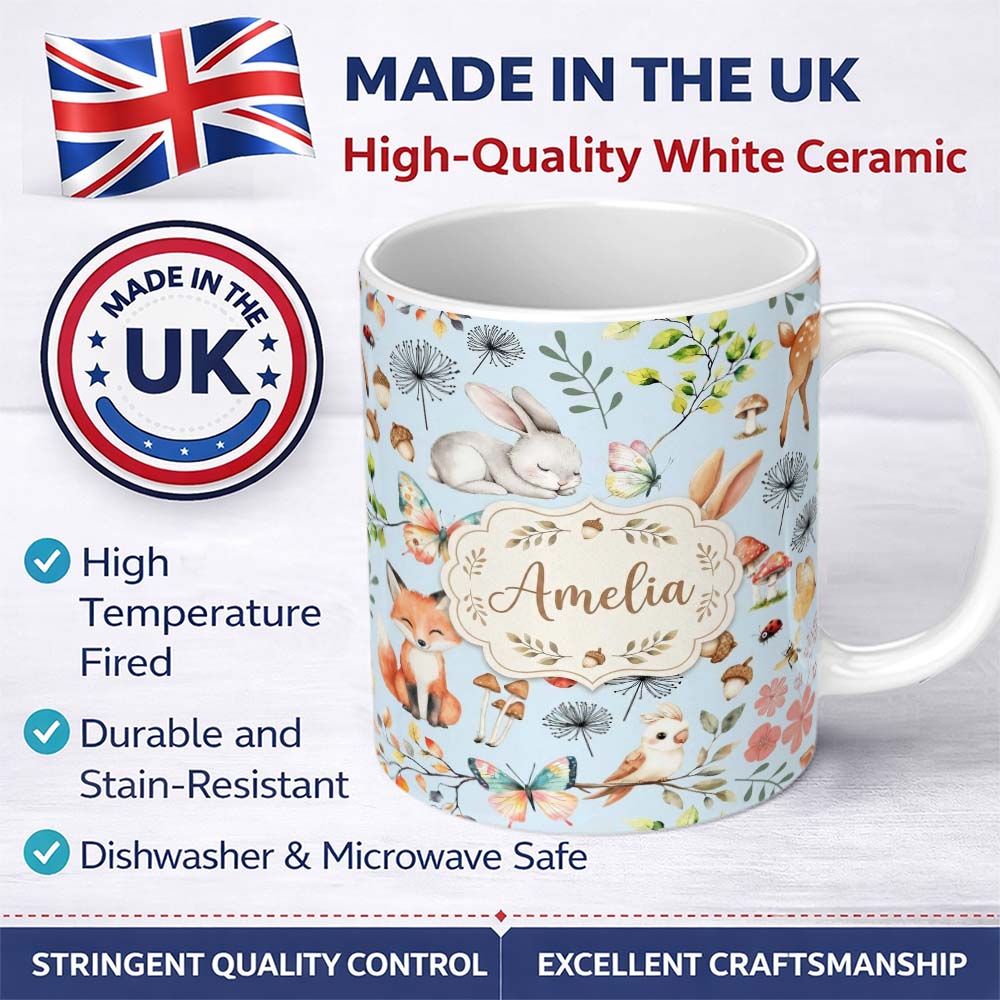 Personalized Custom Name Woodland Animals Rabbit Fox Butterfly Leaves on Soft Blue Seamless 11oz Ceramic Coffee Tea Mug White Large Handle
