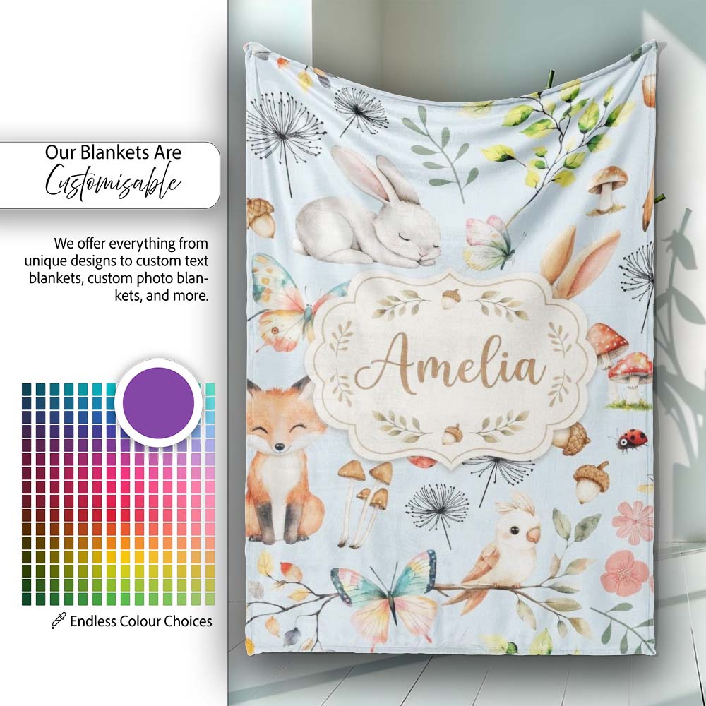 Woodland Animals Rabbit Fox Butterfly Leaves on Soft Blue Seamless Personalised Custom Name Super Soft Fleece Blanket Bed Sofa Throw