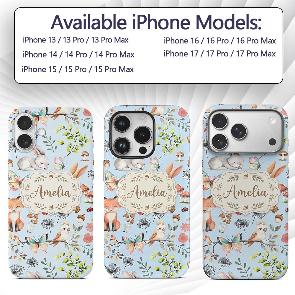Woodland Animals Rabbit Fox Butterfly Leaves on Custom Name Protective Phone Case Mobile Cover Durable Everyday Smartphone Shock Resistant