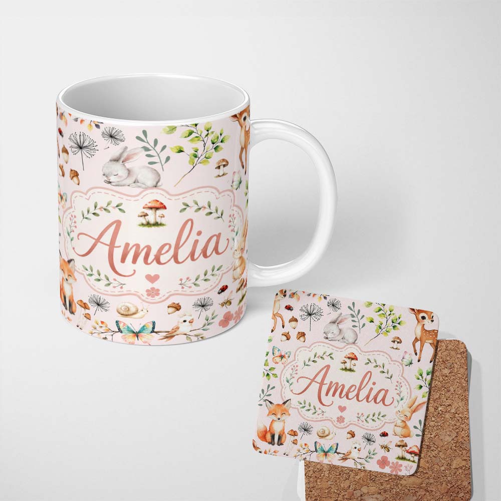 Personalized Custom Name Woodland Animals Rabbit Fox Butterfly Leaves on Blush Pink Seamless 11oz Ceramic Coffee Tea Mug White Large Handle