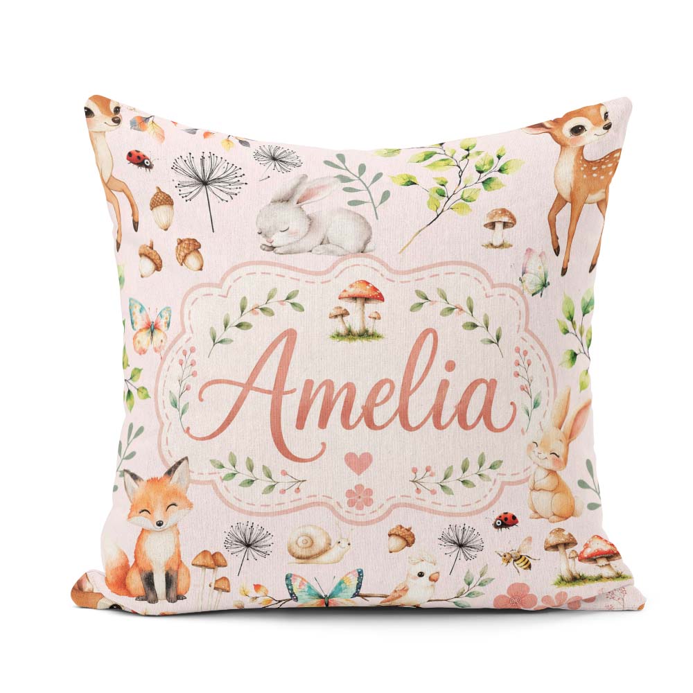 Custom Name Woodland Animals Rabbit Fox Butterfly Leaves on Pink Square Filled Cushion Throw Pillow Sofa Bed Home Decor Zip Washable UK Made