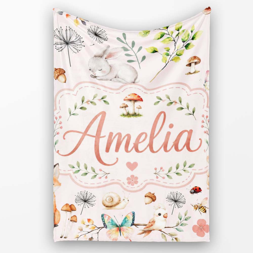 Woodland Animals Rabbit Fox Butterfly Leaves on Blush Pink Seamless Personalised Custom Name Super Soft Fleece Blanket Bed Sofa Throw