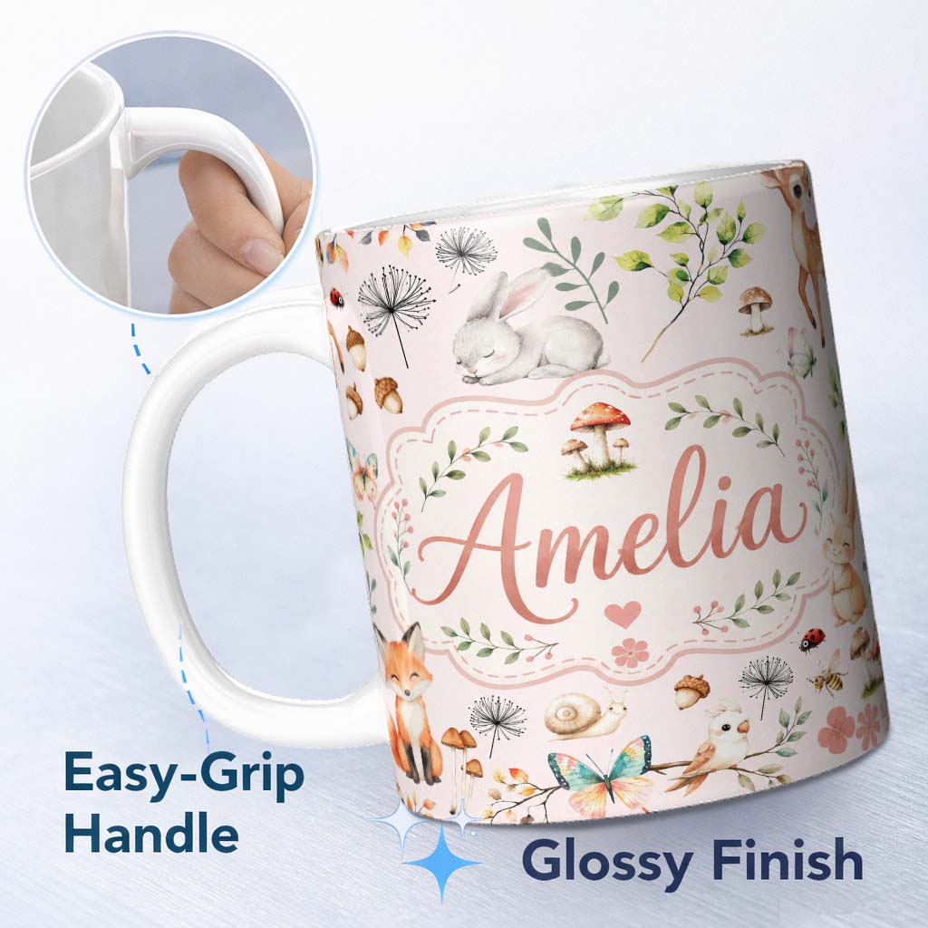 Personalized Custom Name Woodland Animals Rabbit Fox Butterfly Leaves on Blush Pink Seamless 11oz Ceramic Coffee Tea Mug White Large Handle