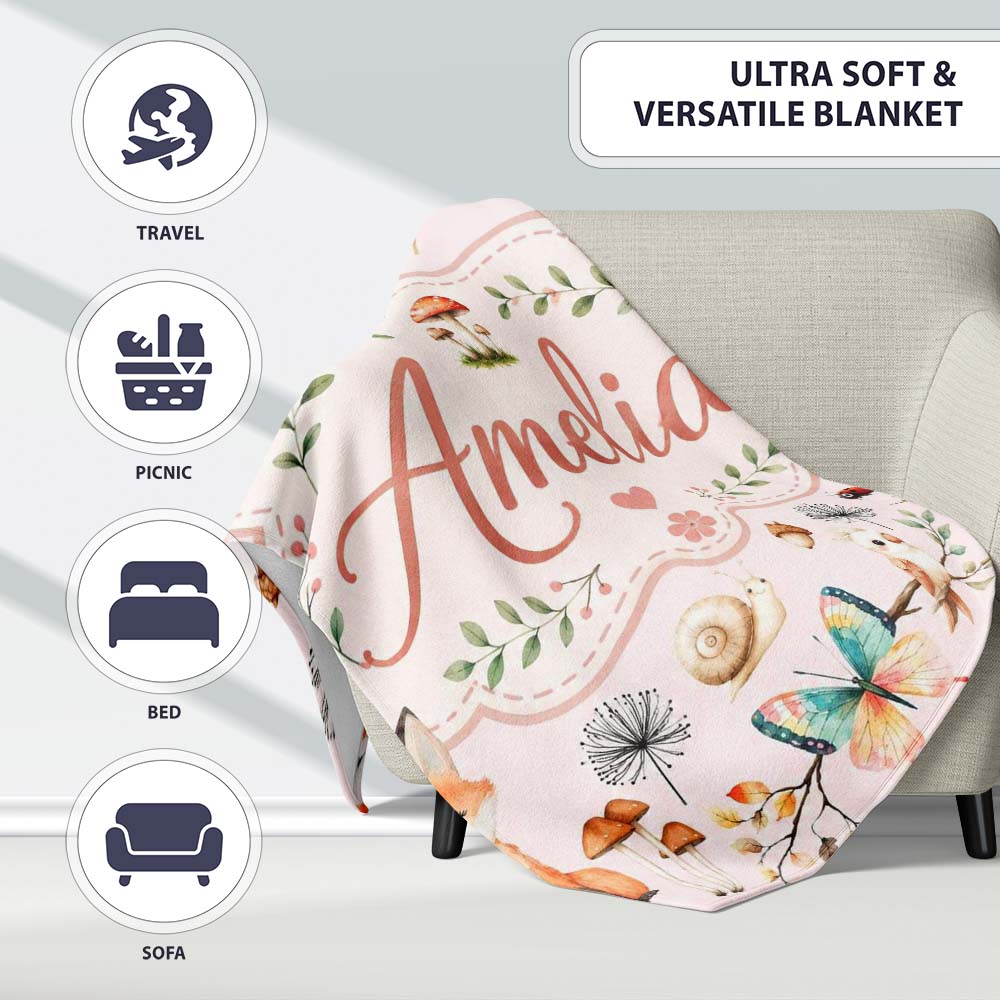 Woodland Animals Rabbit Fox Butterfly Leaves on Blush Pink Seamless Personalised Custom Name Super Soft Fleece Blanket Bed Sofa Throw