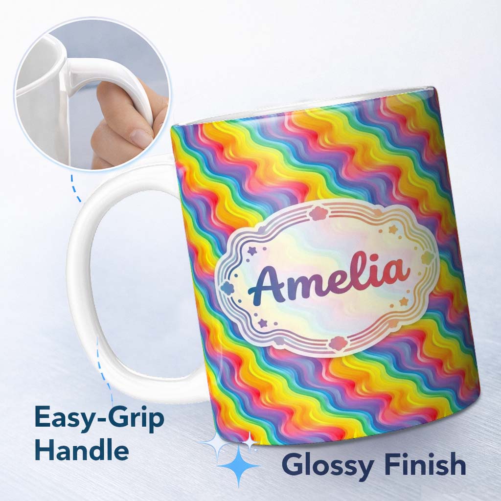Personalized Custom Name Bright Rainbow Wavy Stripes Seamless Pattern Cute Unique Gift Lovely 11oz Ceramic Coffee Tea Mug White Large Handle