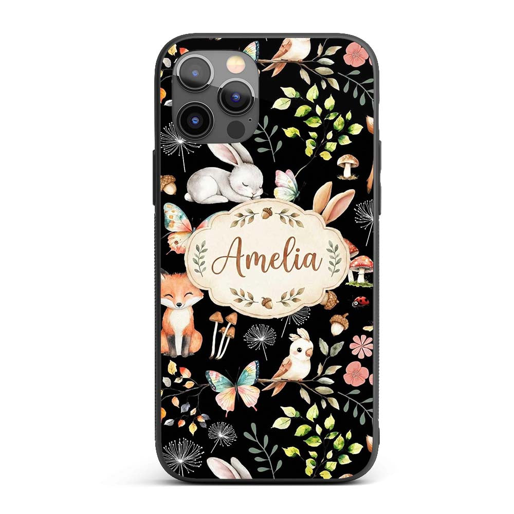 Woodland Animal Rabbit Fox Decorative Design Custom Name Protective Phone Case Mobile Cover Durable Everyday Smartphone Shock Resistant