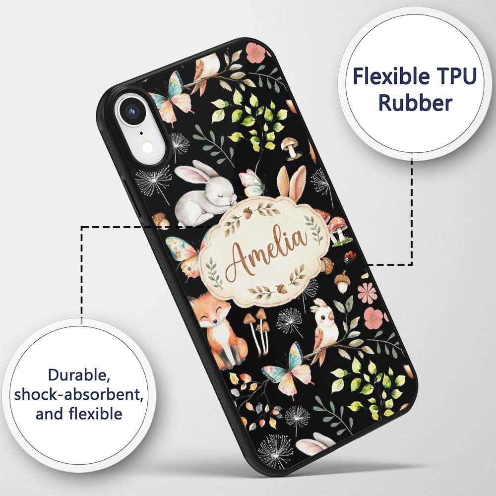 Woodland Animal Rabbit Fox Decorative Design Custom Name Protective Phone Case Mobile Cover Durable Everyday Smartphone Shock Resistant