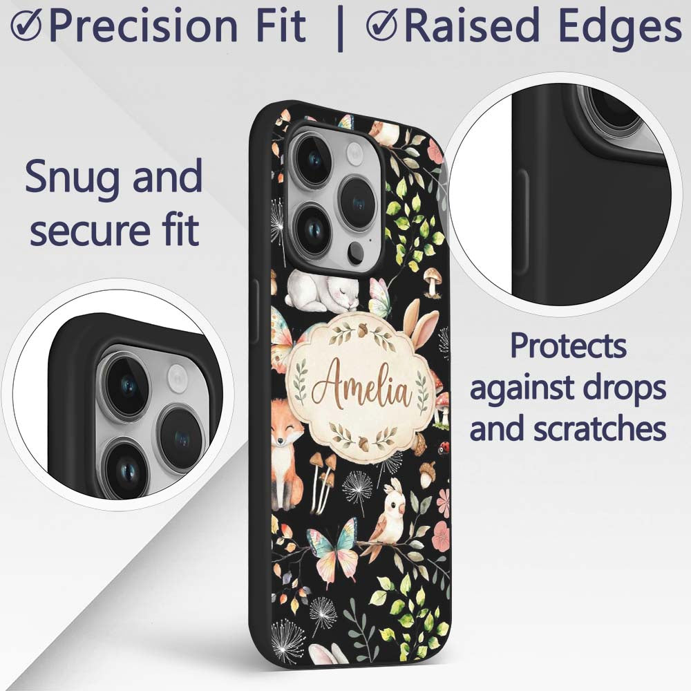 Woodland Animal Rabbit Fox Decorative Design Custom Name Protective Phone Case Mobile Cover Durable Everyday Smartphone Shock Resistant