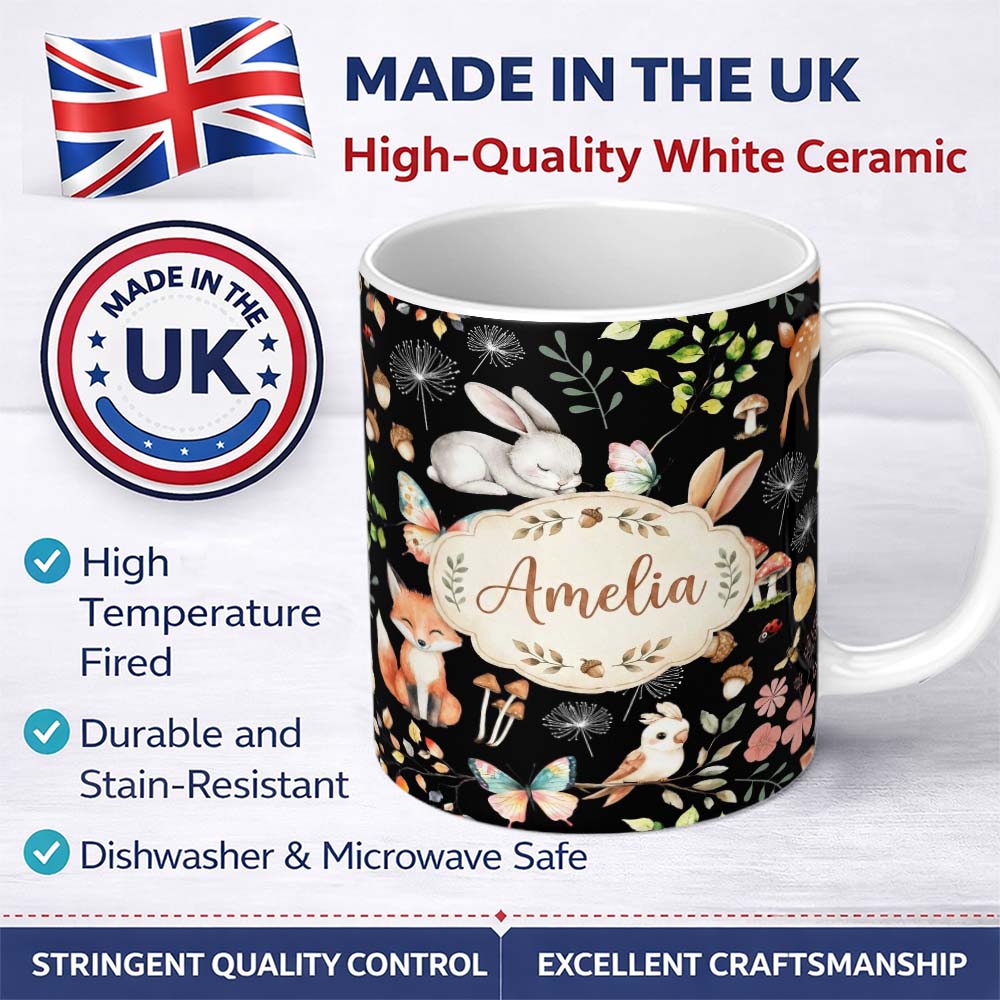 Personalized Custom Name Woodland Animal Rabbit Fox Butterfly Floral Elements on Black 11oz Ceramic Coffee Tea Mug White Large Handle