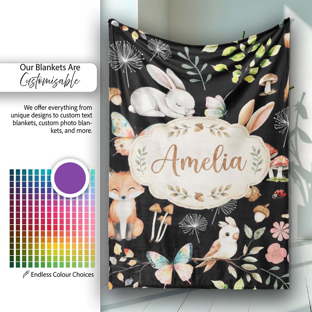 Woodland Animal Rabbit Fox Butterfly Floral Elements on Black Personalised Custom Name Super Soft Fleece Blanket Bed Sofa Throw