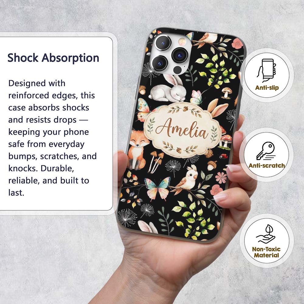 Woodland Animal Rabbit Fox Decorative Design Custom Name Protective Phone Case Mobile Cover Durable Everyday Smartphone Shock Resistant