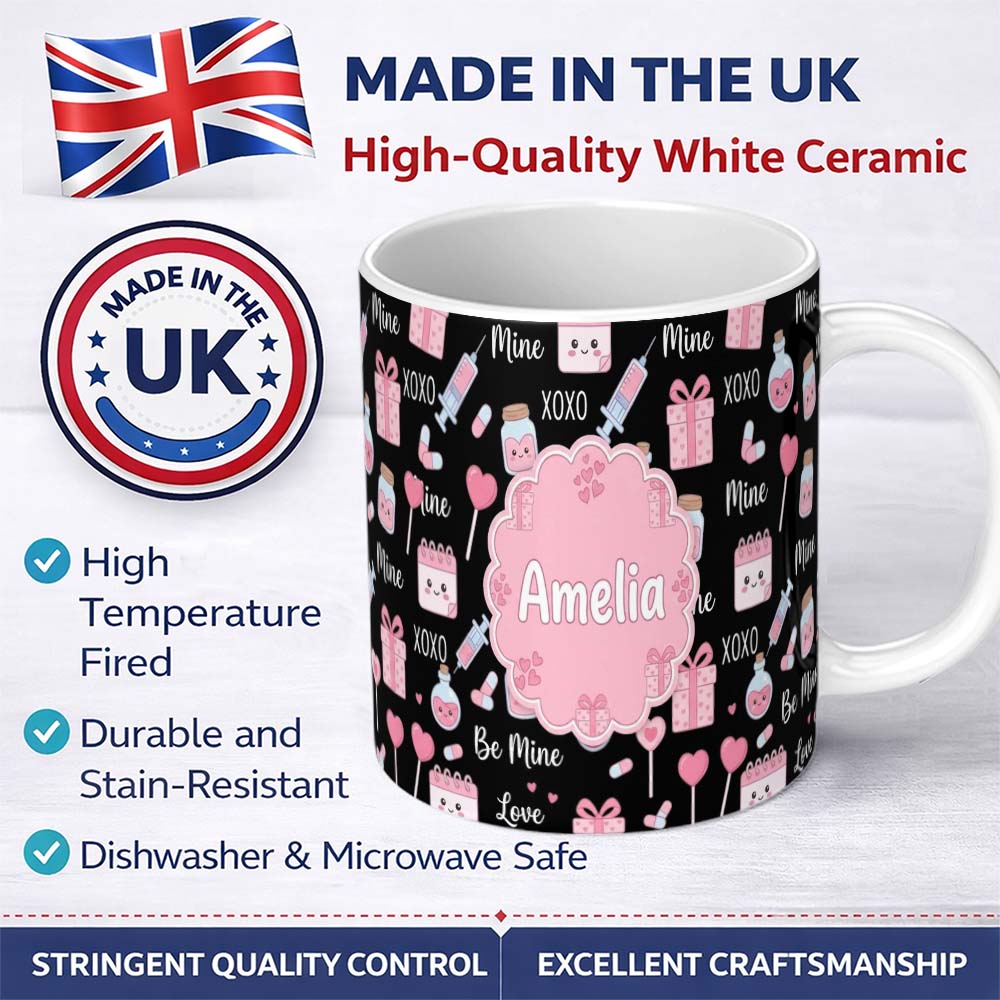 Personalized Custom Name Cute Kawaii Valentine Love Hearts Syringe Gift Calendar Light Grey 11oz Ceramic Coffee Tea Mug White Large Handle
