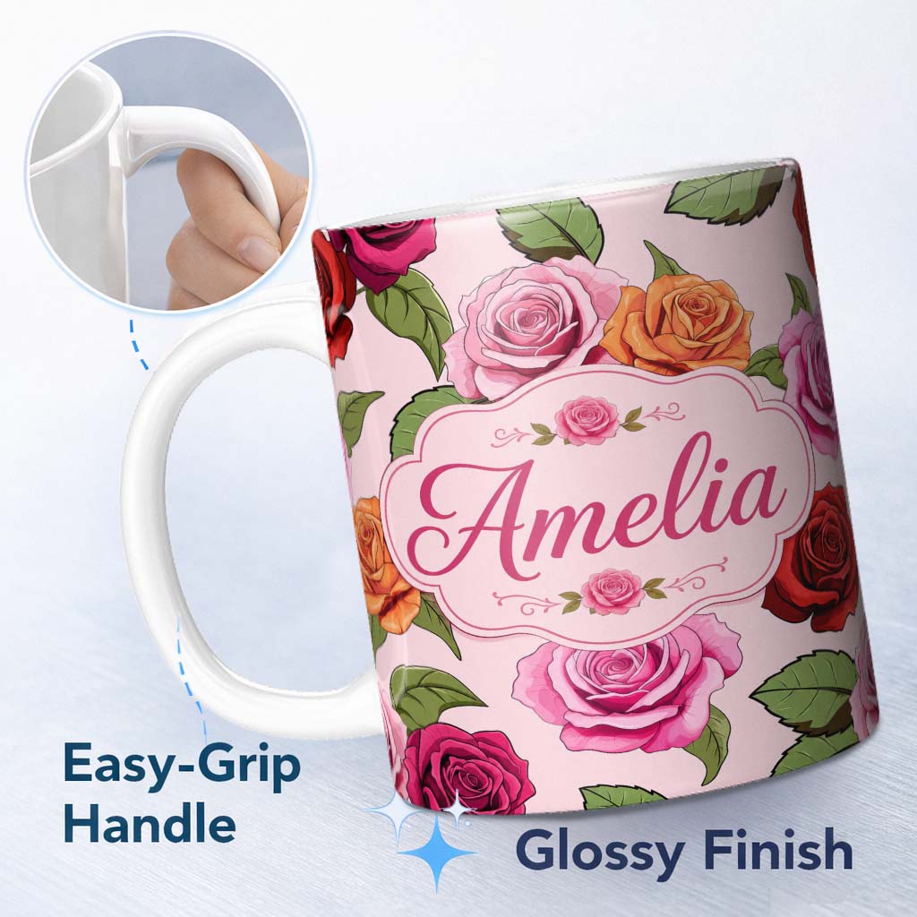 Personalized Custom Name Colorful Roses on Blush Pink Background Seamless Floral Pattern 11oz Ceramic Coffee Tea Mug White Large Handle