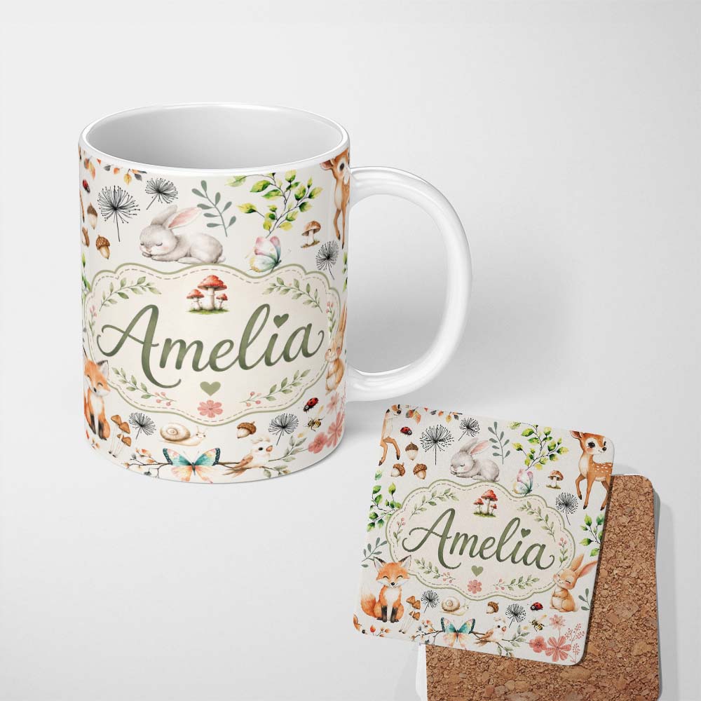 Personalized Custom Name Animals Rabbit Fox Butterfly Floral Elements on Light Grey Seamless 11oz Ceramic Coffee Tea Mug White Large Handle