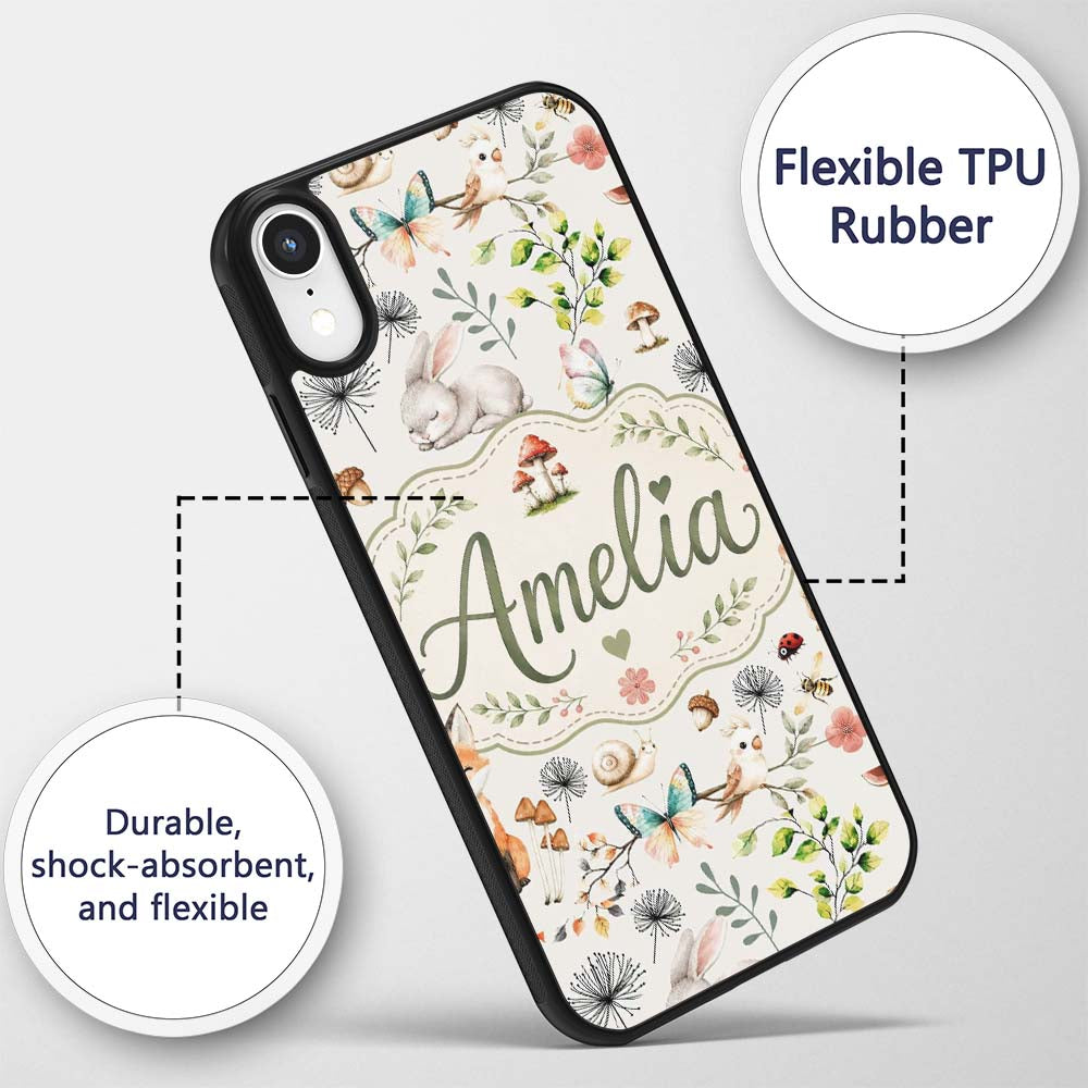 Animals Rabbit Fox Butterfly Floral Elements on Custom Name Protective Phone Case Mobile Cover Durable Everyday Smartphone Shock Resistant