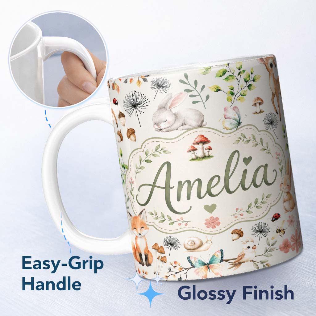 Personalized Custom Name Animals Rabbit Fox Butterfly Floral Elements on Light Grey Seamless 11oz Ceramic Coffee Tea Mug White Large Handle