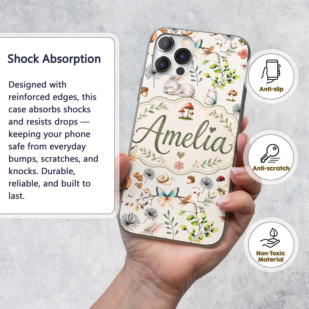 Animals Rabbit Fox Butterfly Floral Elements on Custom Name Protective Phone Case Mobile Cover Durable Everyday Smartphone Shock Resistant