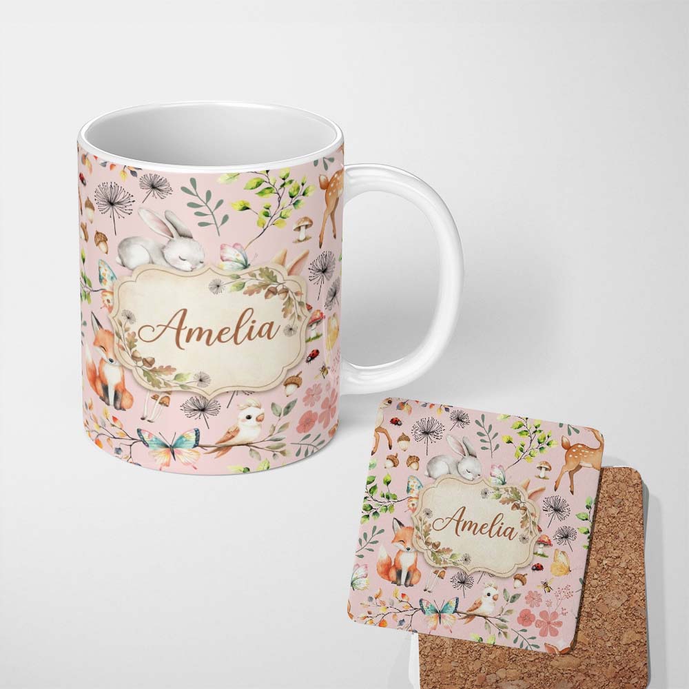 Personalized Custom Name Animals Rabbit Fox Butterfly Floral Elements on Blush Pink Seamless 11oz Ceramic Coffee Tea Mug White Large Handle