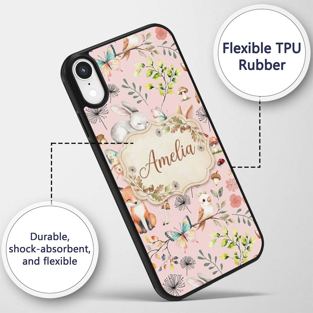 Animals Rabbit Fox Butterfly Floral Elements on Custom Name Protective Phone Case Mobile Cover Durable Everyday Smartphone Shock Resistant