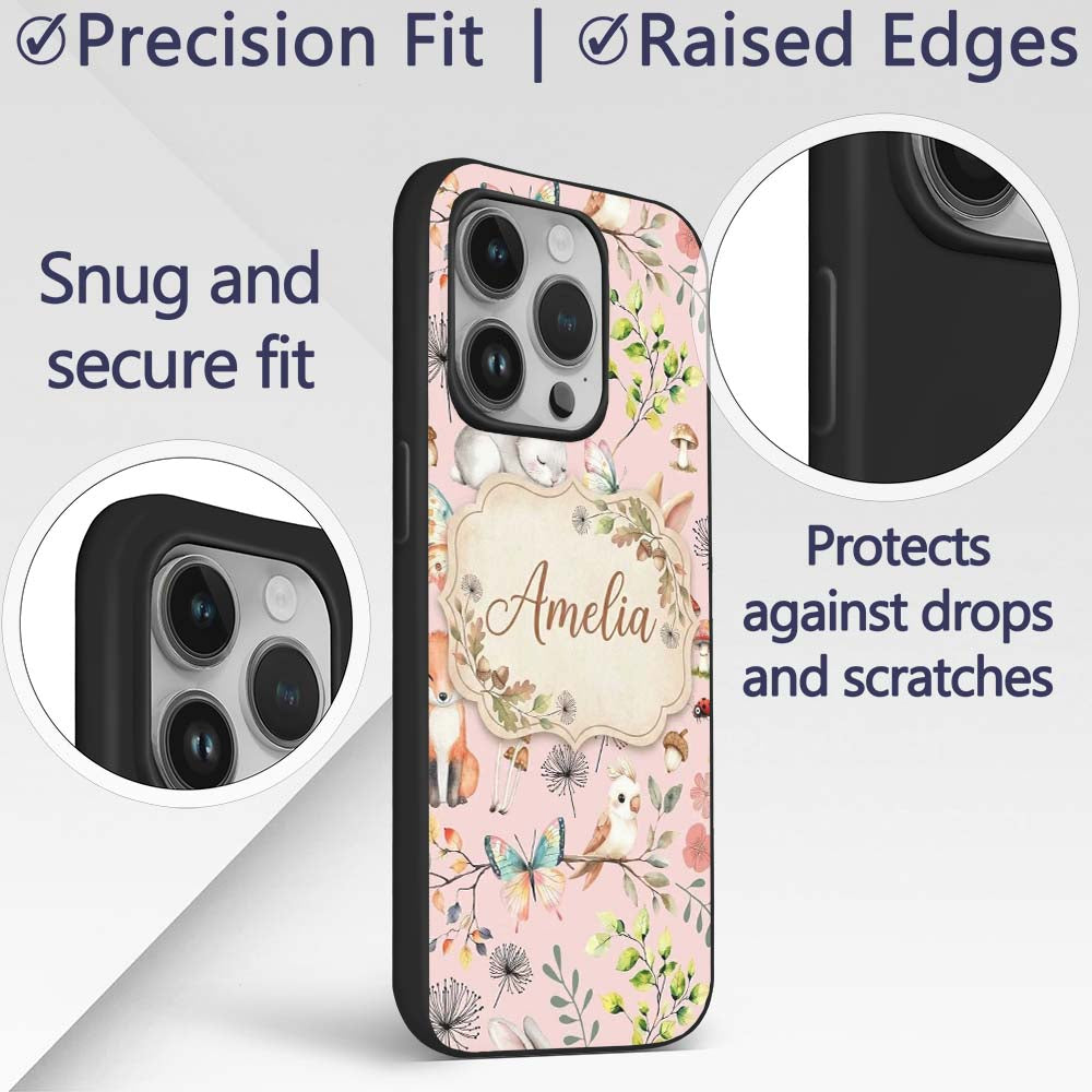 Animals Rabbit Fox Butterfly Floral Elements on Custom Name Protective Phone Case Mobile Cover Durable Everyday Smartphone Shock Resistant