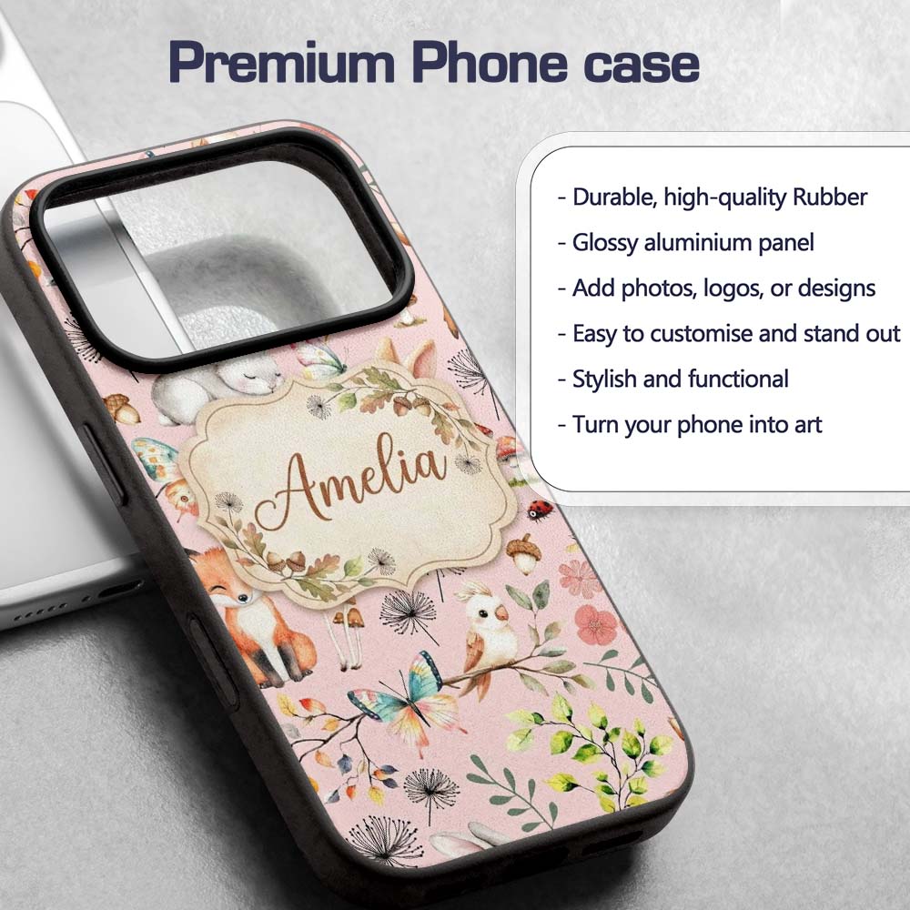 Animals Rabbit Fox Butterfly Floral Elements on Custom Name Protective Phone Case Mobile Cover Durable Everyday Smartphone Shock Resistant