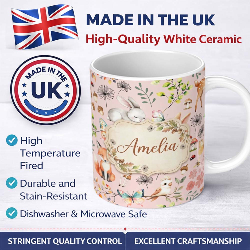 Personalized Custom Name Animals Rabbit Fox Butterfly Floral Elements on Blush Pink Seamless 11oz Ceramic Coffee Tea Mug White Large Handle