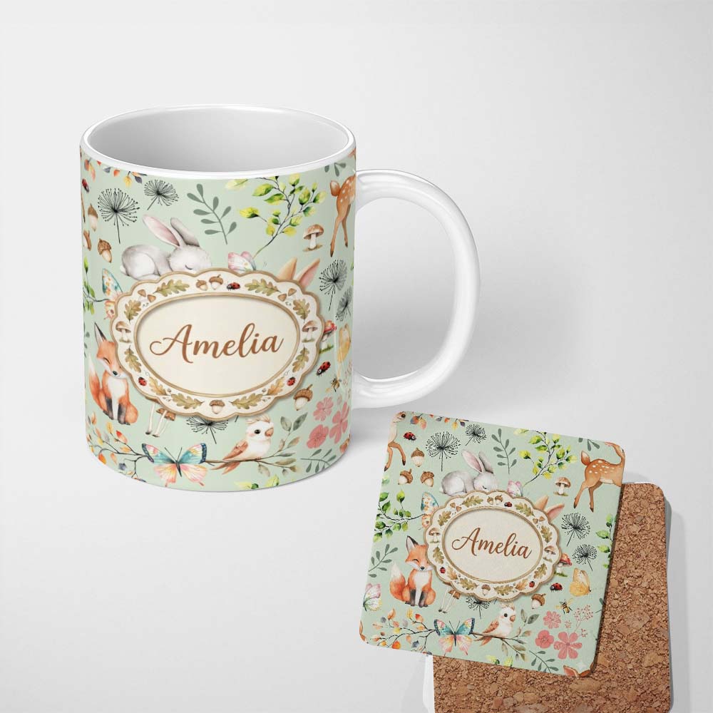 Personalized Custom Name Animals Rabbit Fox Butterfly Floral Elements on Sage Green Seamless 11oz Ceramic Coffee Tea Mug White Large Handle