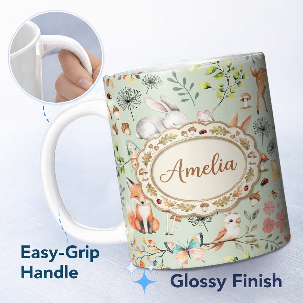 Personalized Custom Name Animals Rabbit Fox Butterfly Floral Elements on Sage Green Seamless 11oz Ceramic Coffee Tea Mug White Large Handle