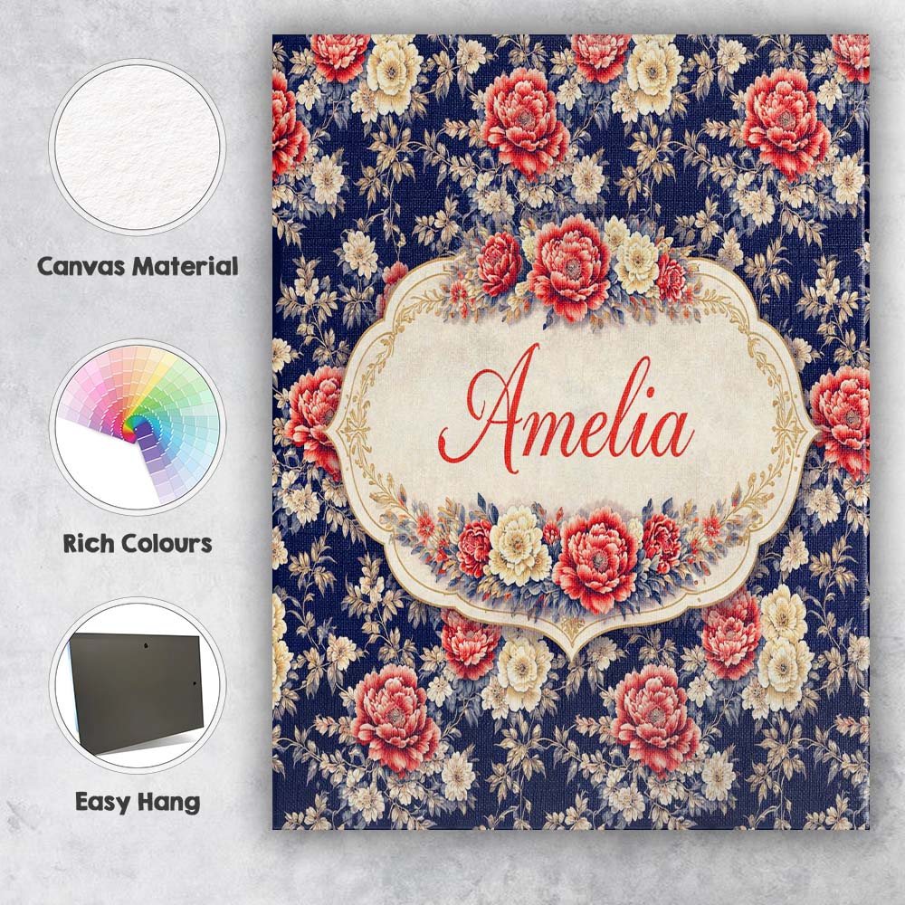Personalised Name Antique Style Cream Floral Botanical Seamless Custom Statement Canvas Wall Art Print Decor Picture Ready to Hang