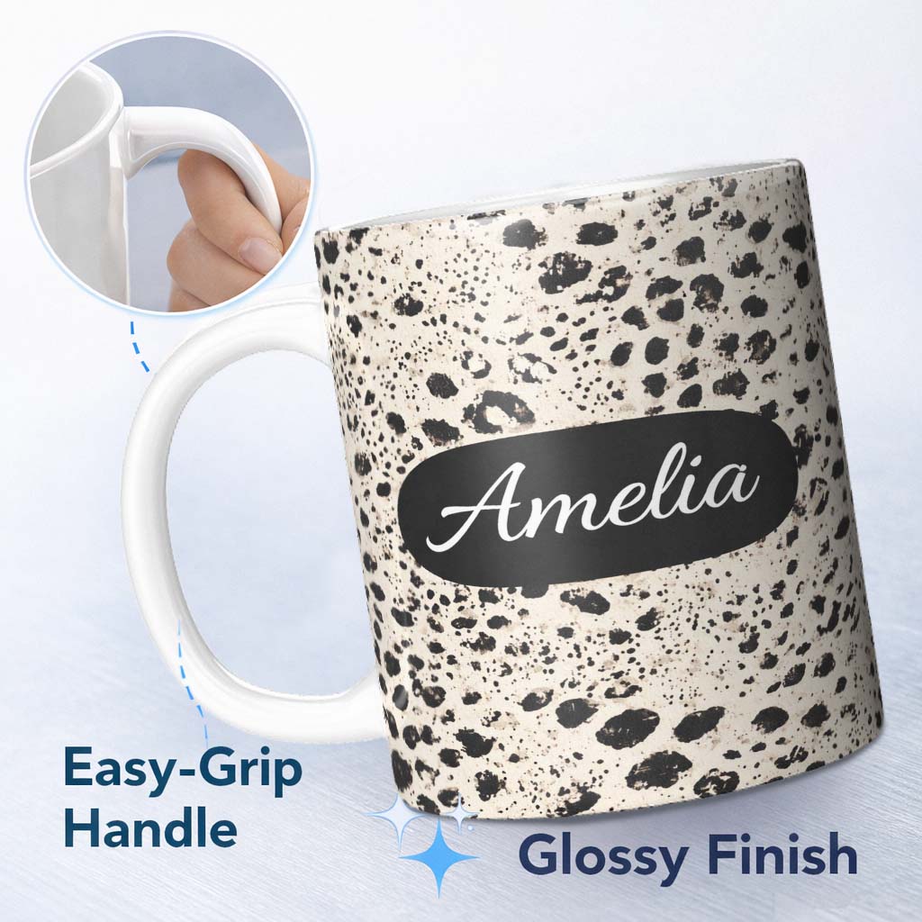 Personalized Custom Name Leopard Animal Print Black Cream Classic Safari Pattern Lovely 11oz Ceramic Coffee Tea Mug White Large Handle