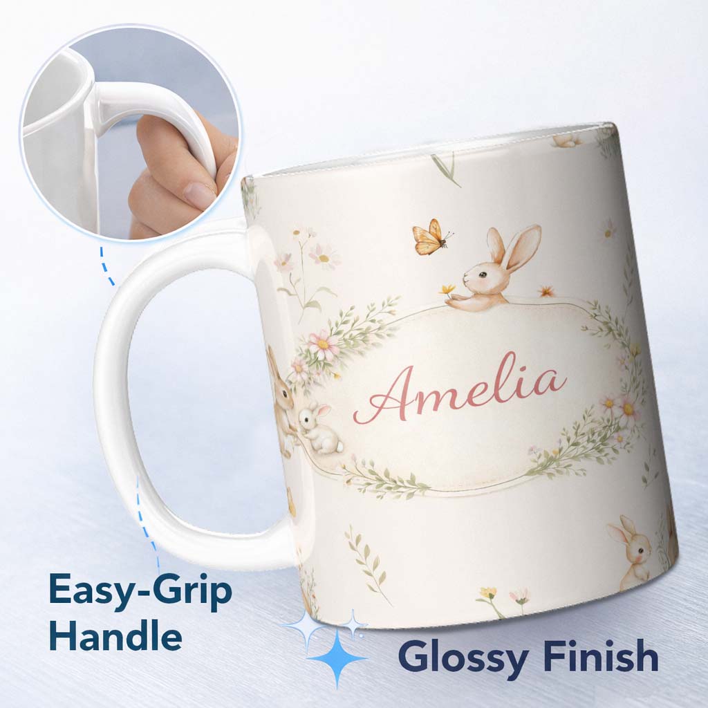 Personalized Custom Name Watercolor Bunny Floral Meadow Seamless Pattern on Neutral Cream 11oz Ceramic Coffee Tea Mug White Large Handle