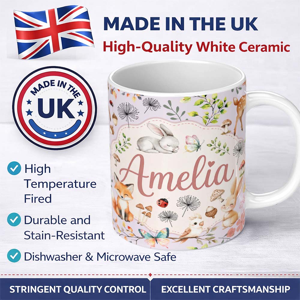 Personalized Custom Name Animals Rabbit Butterfly Floral Elements on Neutral Cream Seamless 11oz Ceramic Coffee Tea Mug White Large Handle