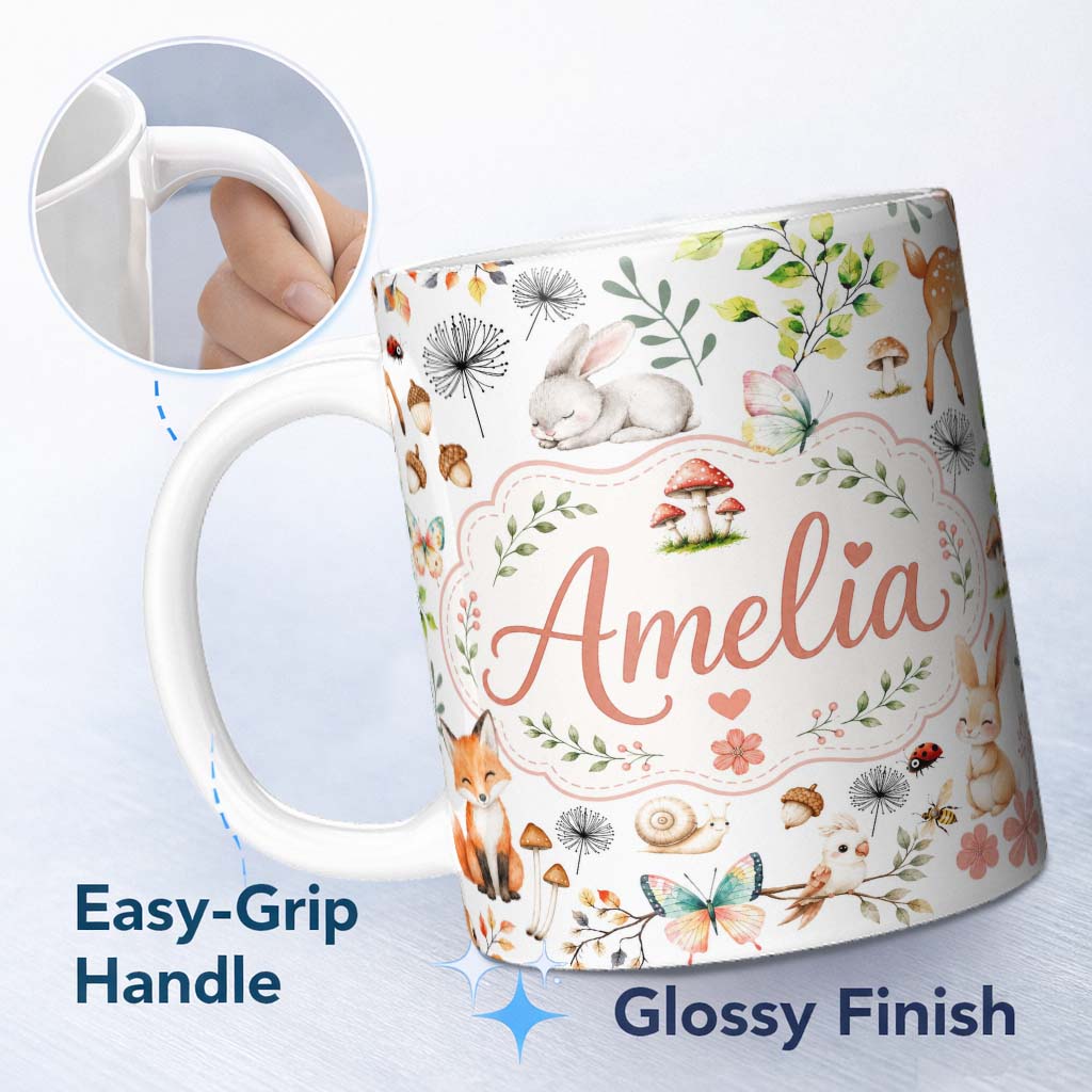 Personalized Custom Name Animals Rabbit Fox Butterfly Floral Elements on Pale Grey Seamless 11oz Ceramic Coffee Tea Mug White Large Handle