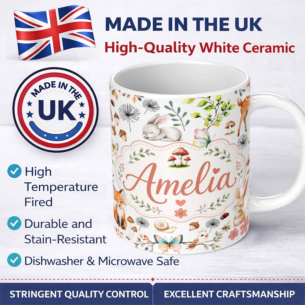 Personalized Custom Name Animals Rabbit Fox Butterfly Floral Elements on Pale Grey Seamless 11oz Ceramic Coffee Tea Mug White Large Handle