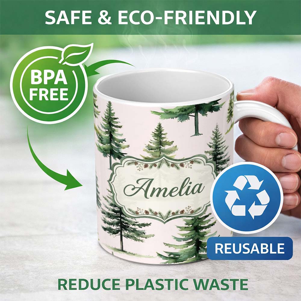 Personalized Custom Name Watercolor Pine Tree Forest Evergreen Woodland Nature Seamless 11oz Ceramic Coffee Tea Mug White Large Handle