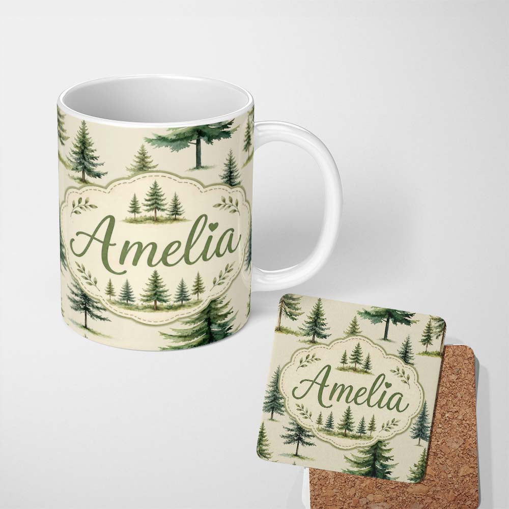 Personalized Custom Name Pine Tree Forest Evergreen Woodland Nature on Soft Cream Seamless 11oz Ceramic Coffee Tea Mug White Large Handle