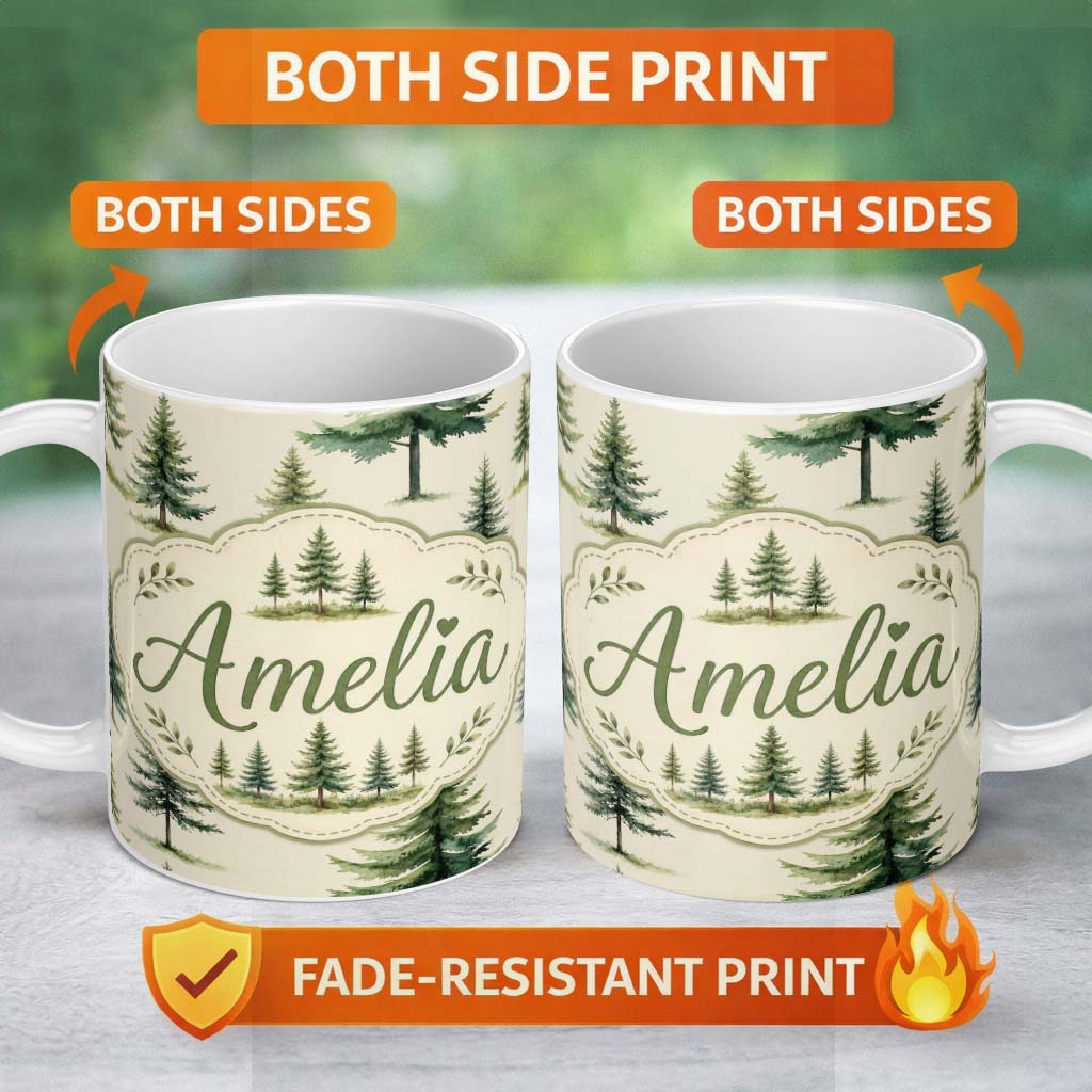 Personalized Custom Name Pine Tree Forest Evergreen Woodland Nature on Soft Cream Seamless 11oz Ceramic Coffee Tea Mug White Large Handle