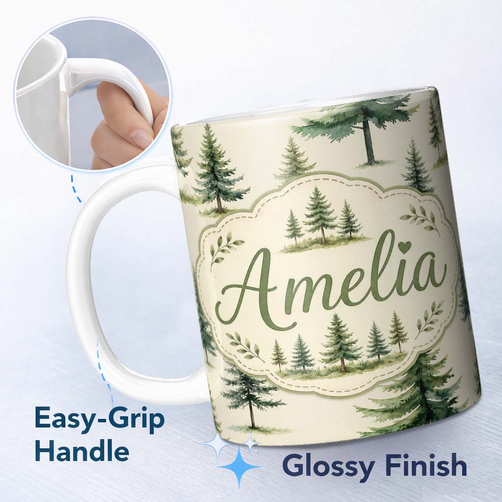 Personalized Custom Name Pine Tree Forest Evergreen Woodland Nature on Soft Cream Seamless 11oz Ceramic Coffee Tea Mug White Large Handle