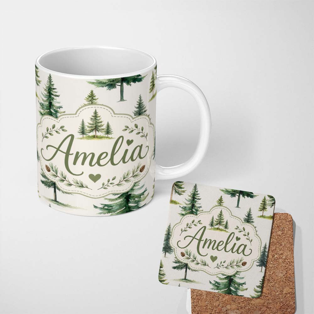 Personalized Custom Name Pine Tree Forest Evergreen Woodland Nature on Light Grey Seamless 11oz Ceramic Coffee Tea Mug White Large Handle