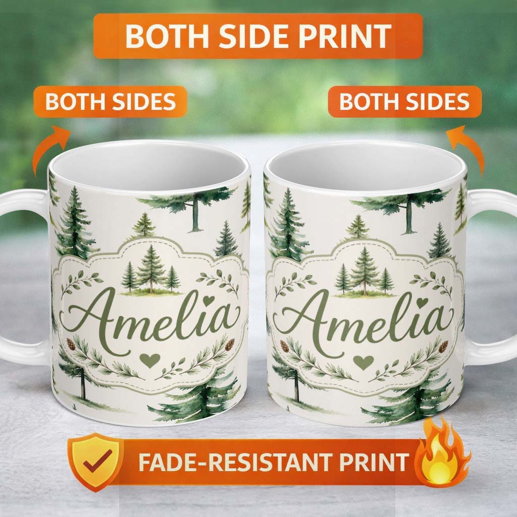 Personalized Custom Name Pine Tree Forest Evergreen Woodland Nature on Light Grey Seamless 11oz Ceramic Coffee Tea Mug White Large Handle