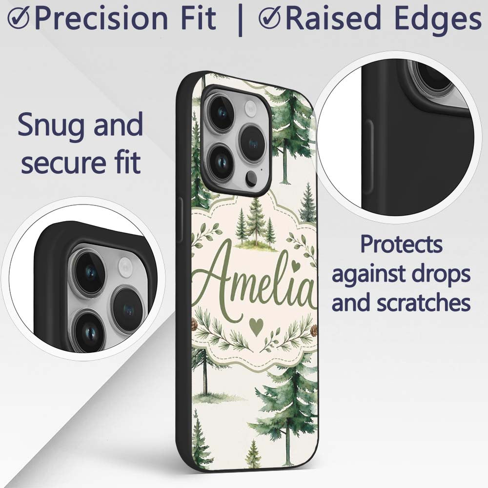 Pine Tree Forest Evergreen Woodland Nature on Custom Name Protective Phone Case Mobile Cover Durable Everyday Smartphone Shock Resistant