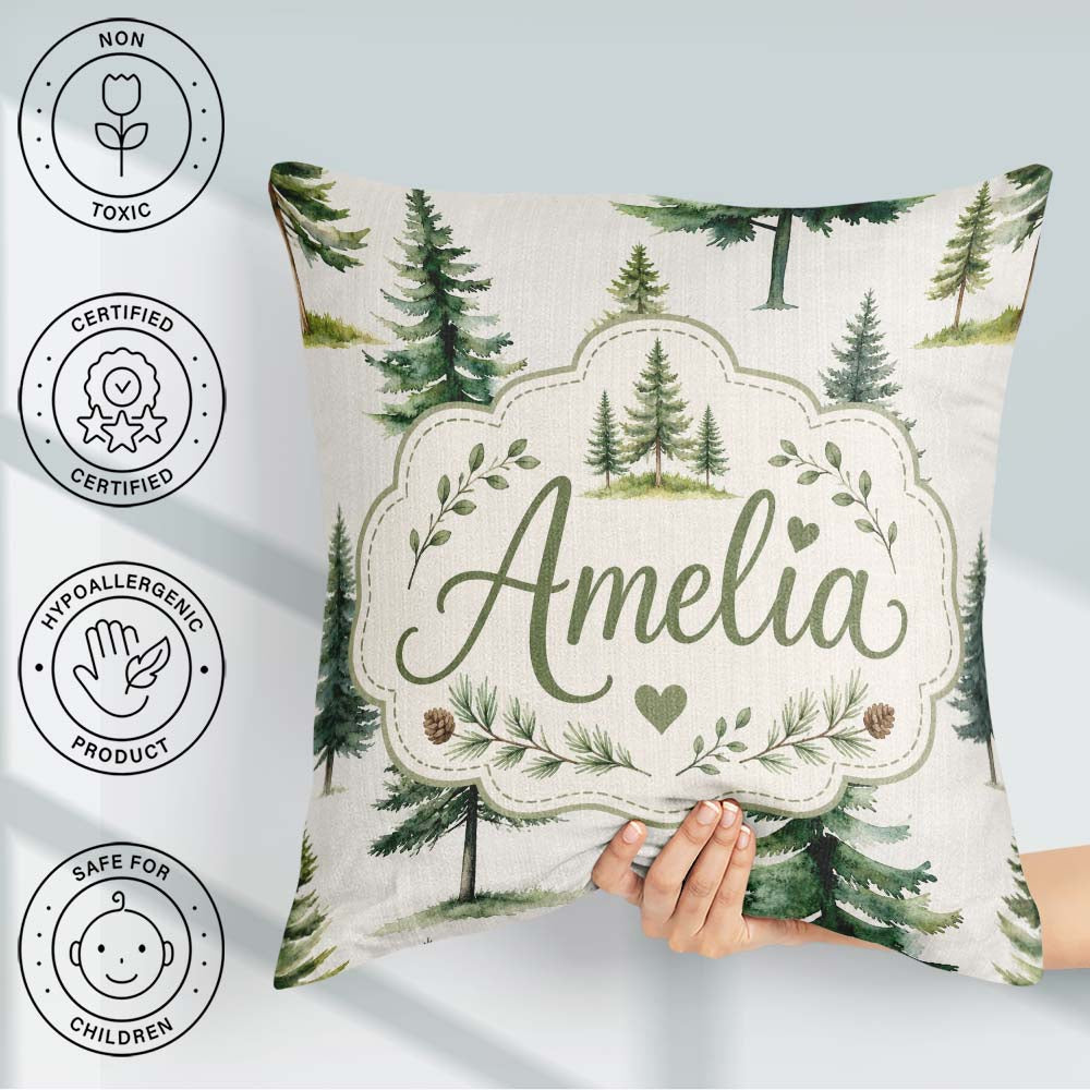 Custom Name Pine Tree Forest Evergreen Woodland on Grey Seamless Square Filled Cushion Throw Pillow Sofa Bed Home Decor Zip Washable UK Made