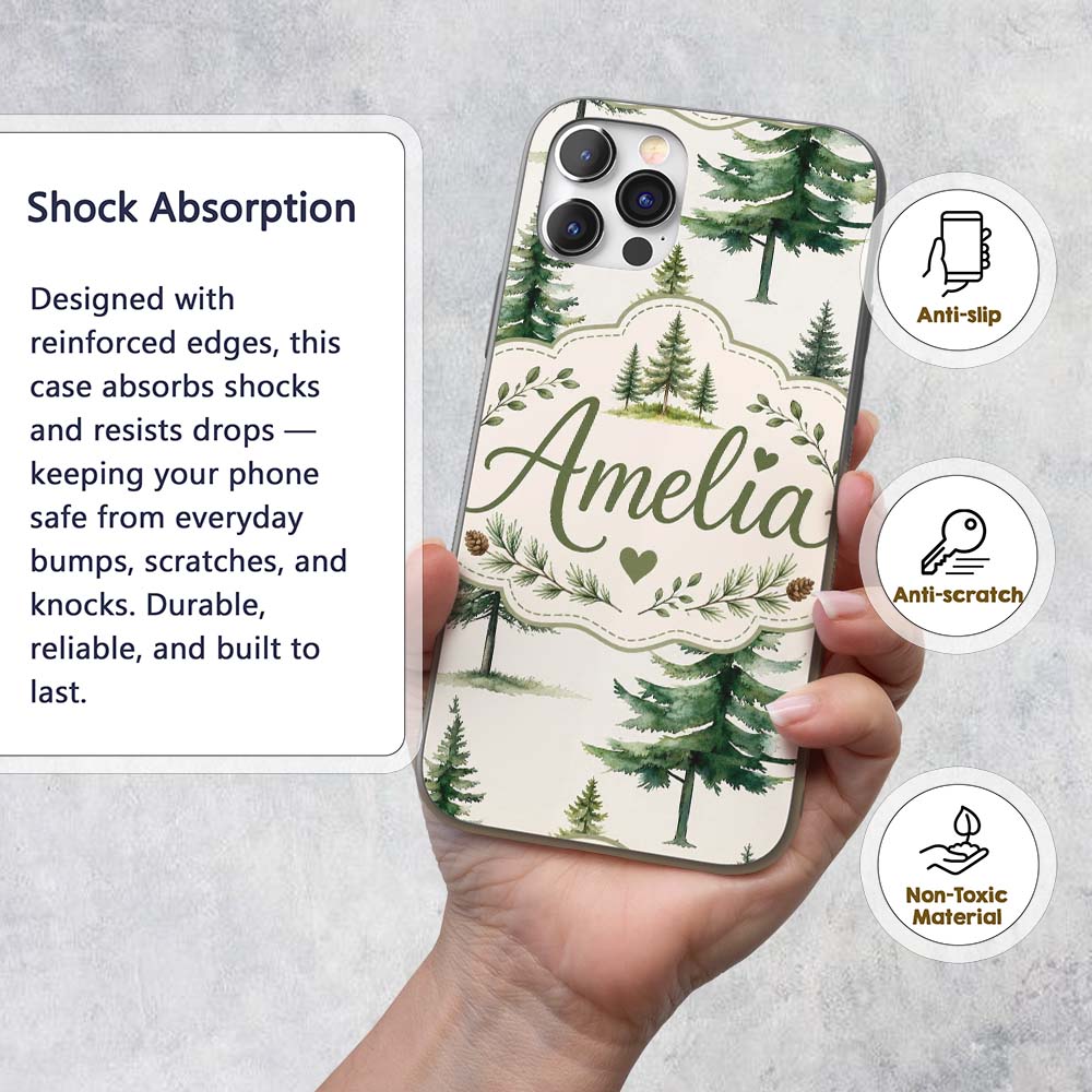 Pine Tree Forest Evergreen Woodland Nature on Custom Name Protective Phone Case Mobile Cover Durable Everyday Smartphone Shock Resistant