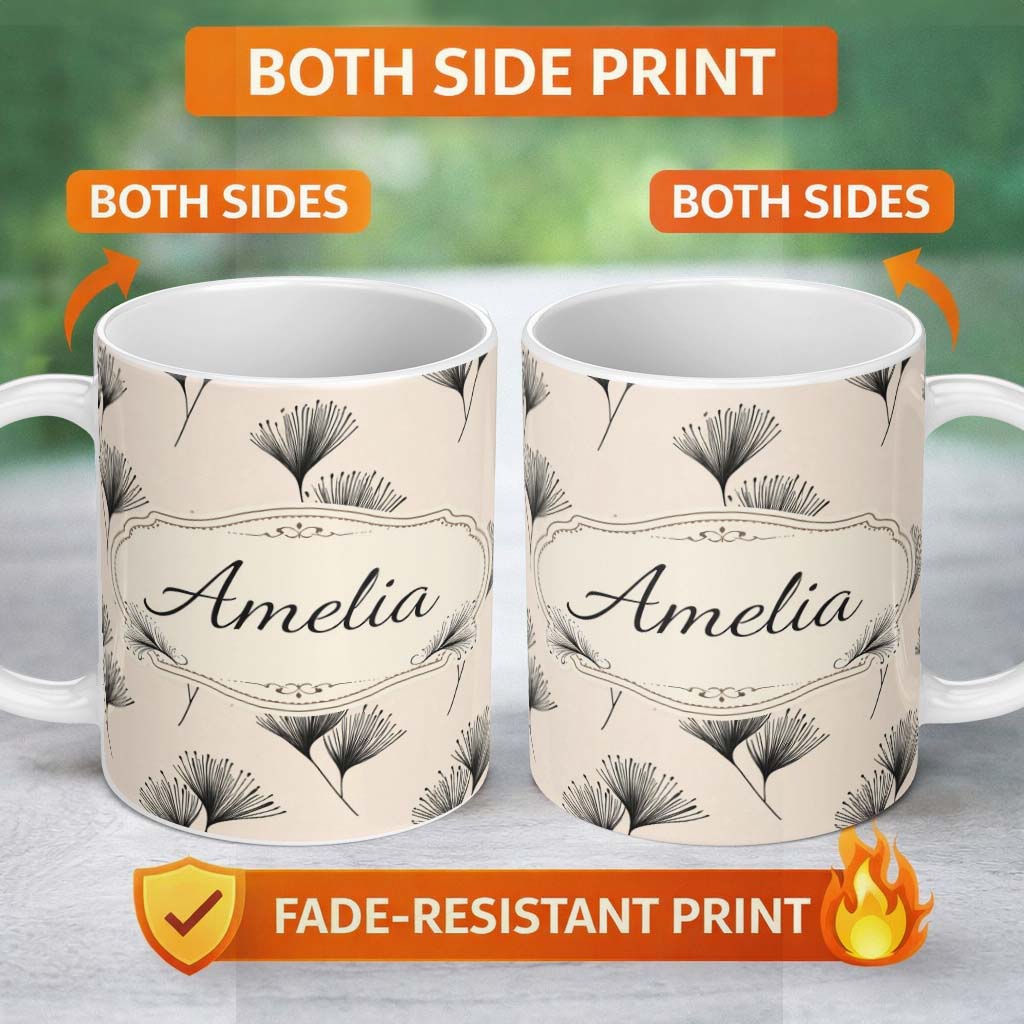 Personalized Custom Name Delicate Botanical Sprigs Black Cream Minimal Floral Pattern Lovely 11oz Ceramic Coffee Tea Mug White Large Handle