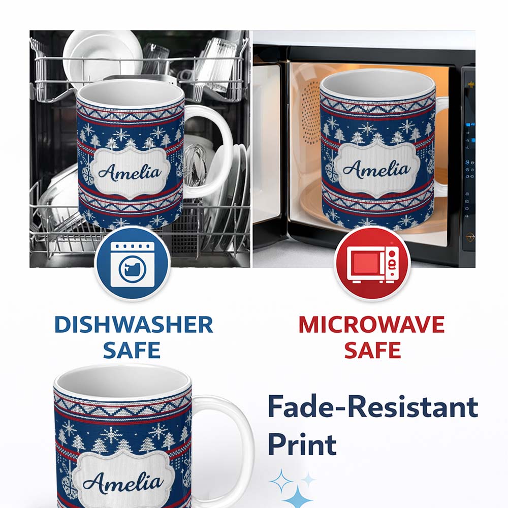 Personalized Custom Name Scandinavian Snowflake Ornament Knit Pattern Blue White Red Holiday 11oz Ceramic Coffee Tea Mug White Large Handle