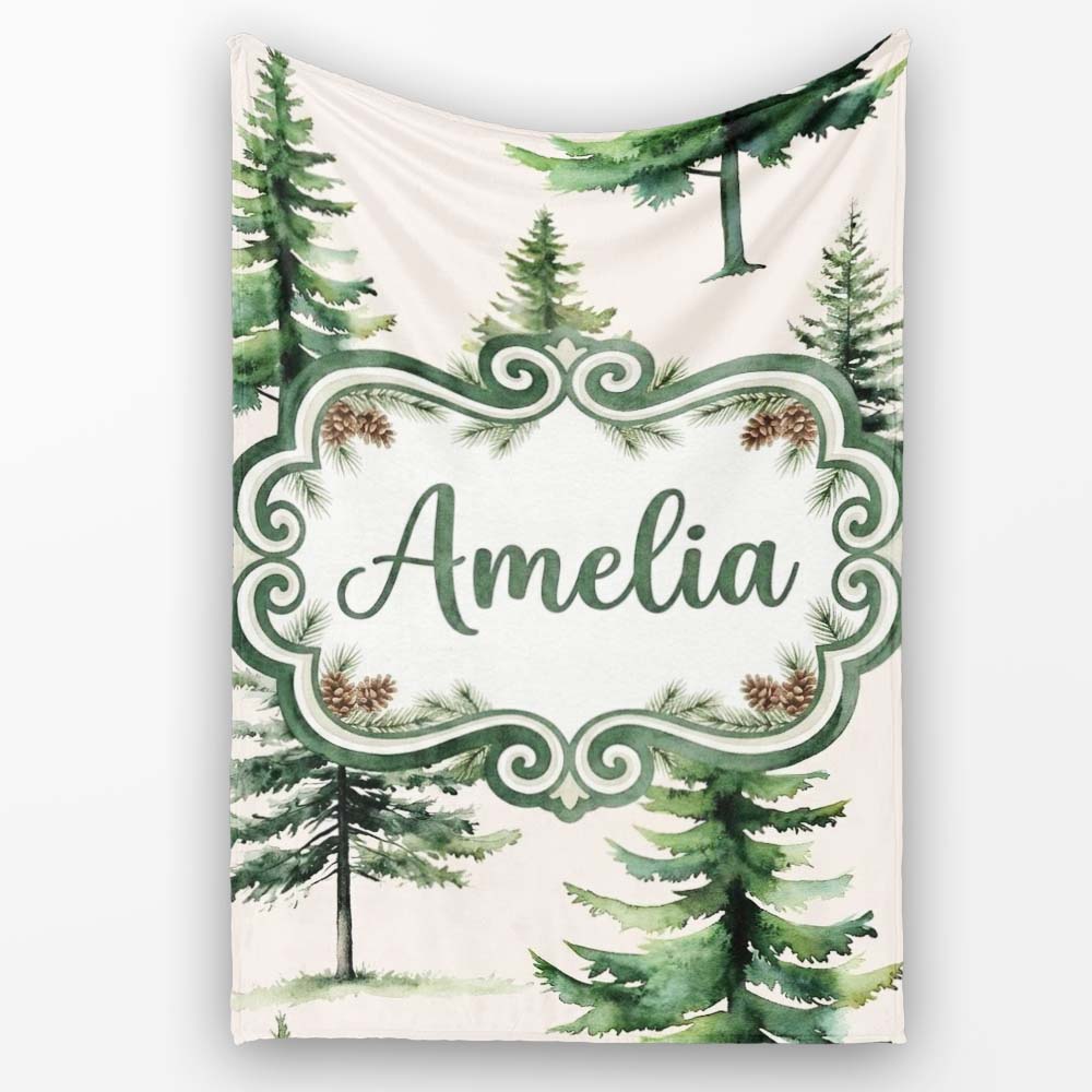 Pine Tree Forest Evergreen Woodland Nature on Neutral Beige Personalised Custom Name Super Soft Fleece Blanket Bed Sofa Throw