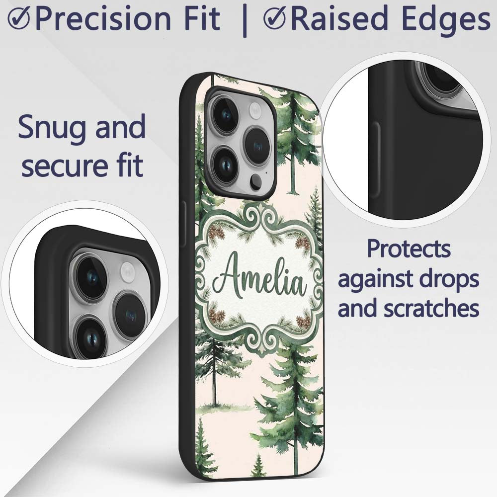 Pine Tree Forest Evergreen Woodland Nature on Custom Name Protective Phone Case Mobile Cover Durable Everyday Smartphone Shock Resistant