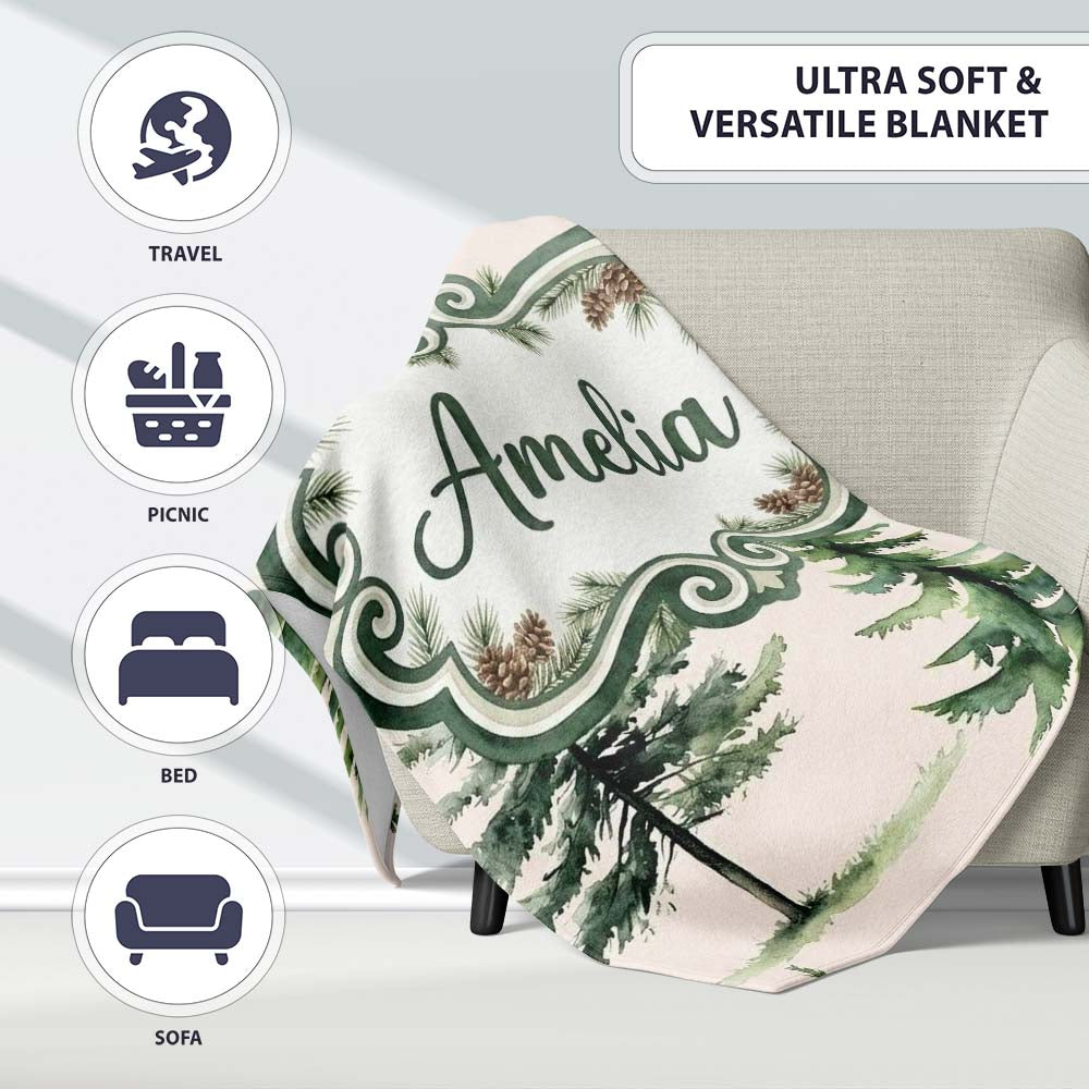 Pine Tree Forest Evergreen Woodland Nature on Neutral Beige Personalised Custom Name Super Soft Fleece Blanket Bed Sofa Throw