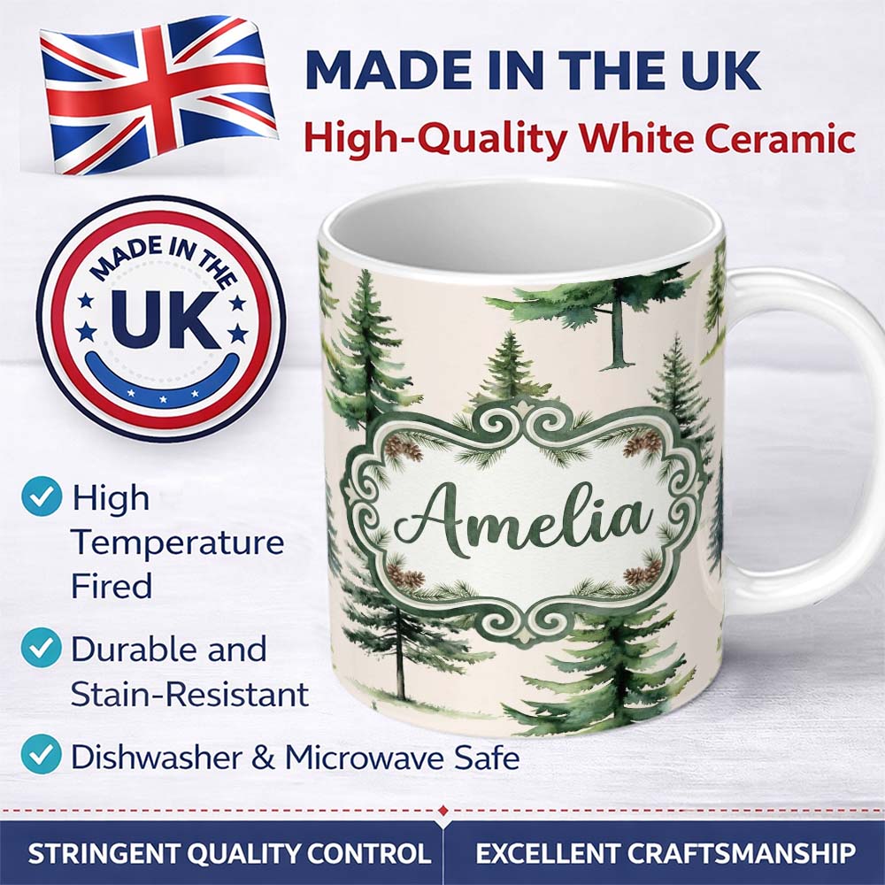 Personalized Custom Name Pine Tree Forest Evergreen Woodland Nature on Neutral Beige 11oz Ceramic Coffee Tea Mug White Large Handle