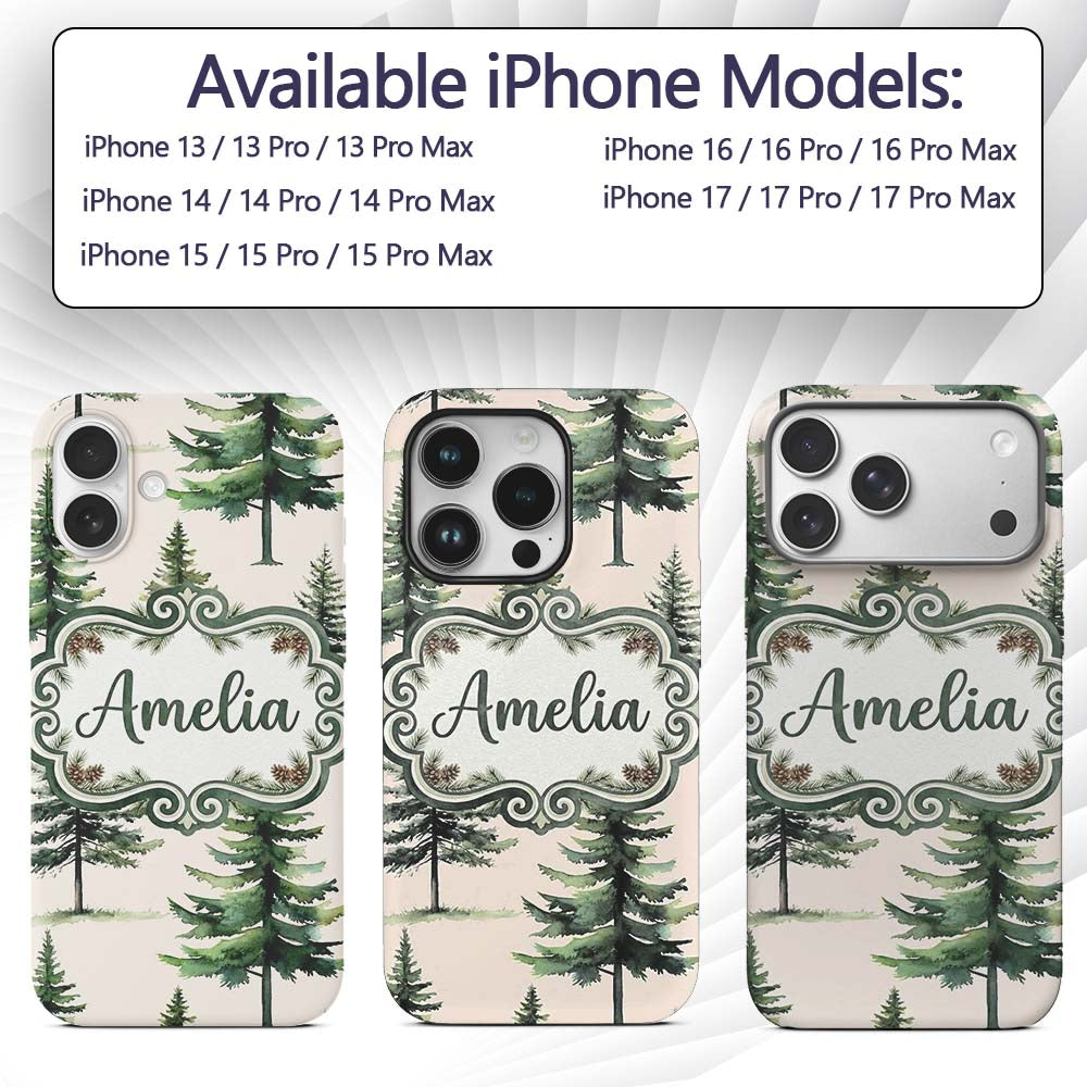 Pine Tree Forest Evergreen Woodland Nature on Custom Name Protective Phone Case Mobile Cover Durable Everyday Smartphone Shock Resistant